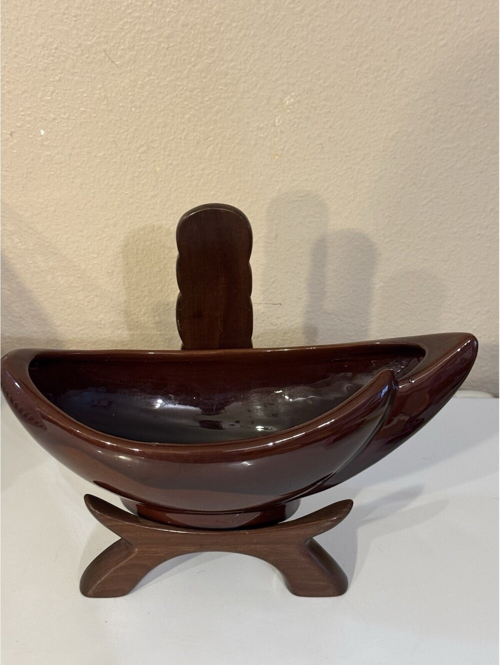 Frankoma 200 Brown Glossy Pottery Bowl w/ Wooden Stand, Handmade